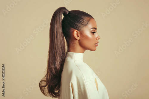 Elegant High Ponytail Hairstyle on a Model with Smooth Skin