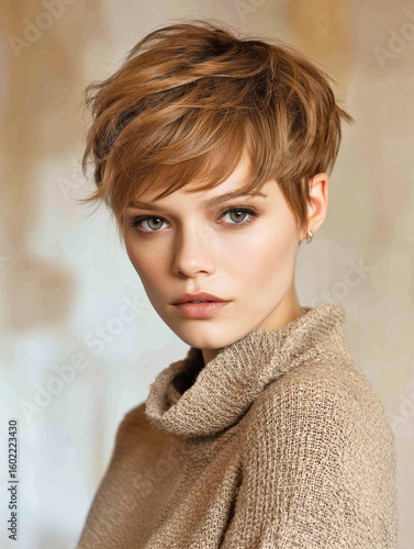 Fashion Model with Short Pixie Cut in Trendy Style Indoor Setting