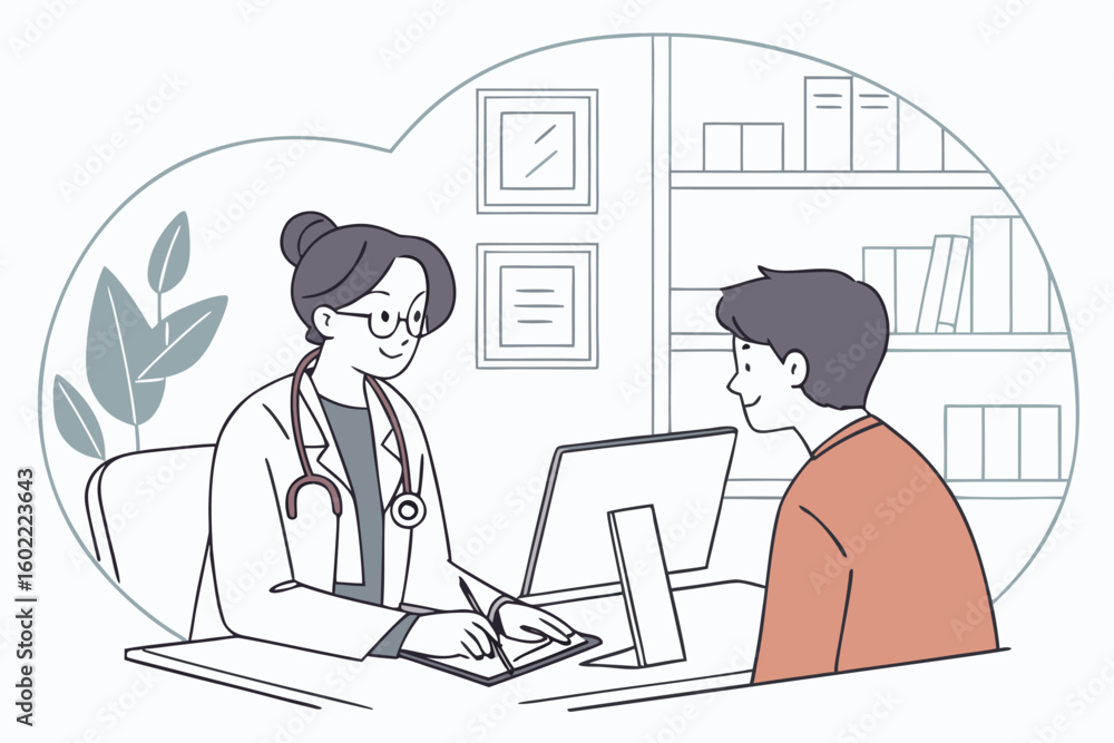 Healthcare consultation between a doctor and a patient in a modern office setting during daytime Healthcare consultation between a doctor and a patient in a modern office setting during daytime