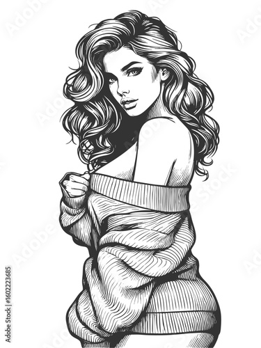 beautiful woman glancing over her shoulder, draped in an oversized sweater with bare back sketch engraving generative ai fictional character vector illustration. Scratch board. Black and white image.