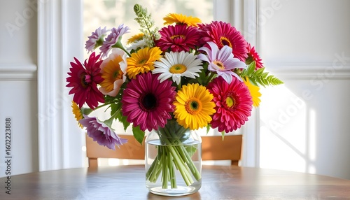 Wallpaper Mural Colorful flower bouquet arranged in a glass vase placed on a wooden table in natural indoor light Torontodigital.ca