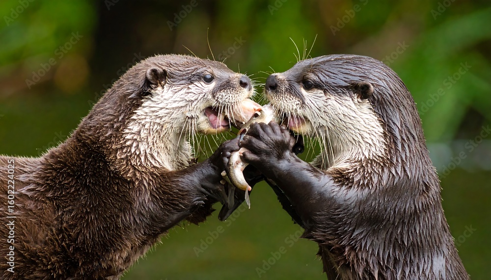 Obraz premium Two otters sharing a fish