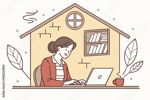 Woman working on laptop at home with cozy atmosphere and bookshelf filled with books during a quiet afternoon