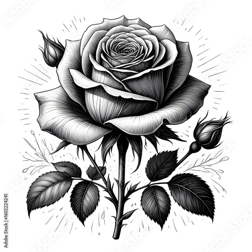 Elegant Black and White Rose Illustration - Vintage Floral Art, Tattoo Design & Botanical Decor