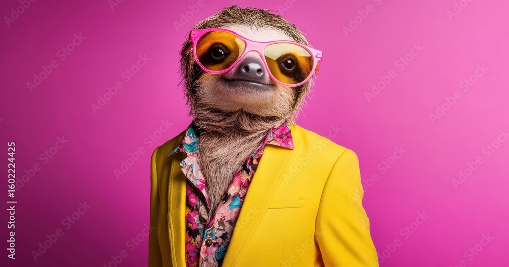 Fototapeta premium Sloth in Stylish Yellow Blazer and Sunglasses Against Purple Background Cool looking wearing funky fashion