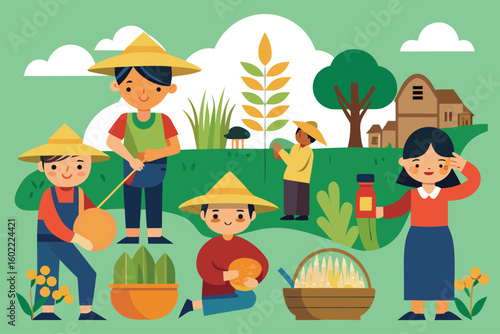 Community members engaged in traditional farming activities with crops and homemade goods in a vibrant rural setting during daytime