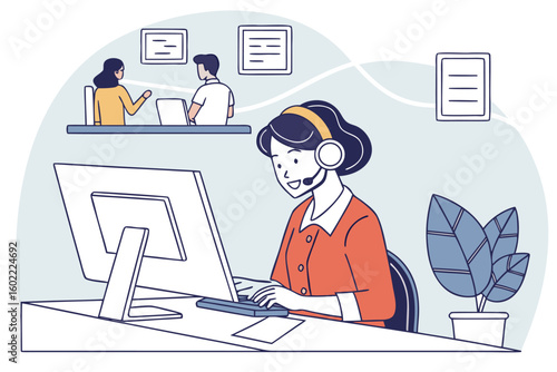 Customer service representative assisting clients at a busy office with colleagues in the background during a productive workday