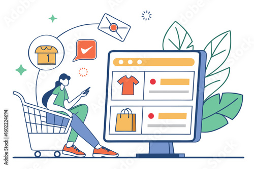 Shopping online for clothing and accessories while sitting in a cart with a smartphone at home