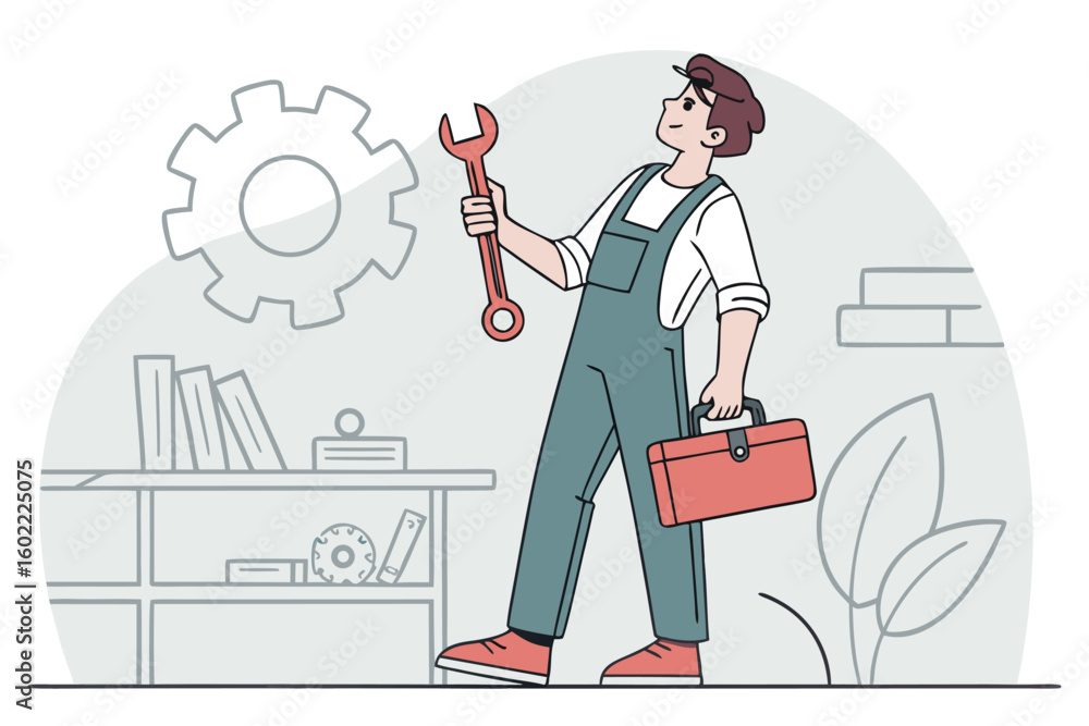 Craftsman holding a wrench in a workspace with tools and gears while wearing overalls, showcasing his readiness for repair work and problem-solving tasks Craftsman holding a wrench in a workspace with tools and gears while wearing overalls, showcasing his readiness for repair work and problem-solving tasks