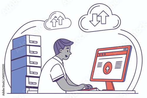 Individual working on a computer uploading and downloading data to/from cloud storage while seated at a desk with organized stacked files
