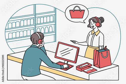 Customer service interaction at a retail store with a staff member assisting a customer via computer and headset