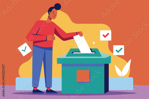 Citizen participating in election process by casting ballot into voting box in a colorful and engaging illustration