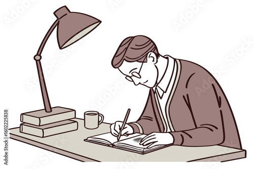 Student engaged in writing at a desk with lamp and books while enjoying a warm beverage during evening study session