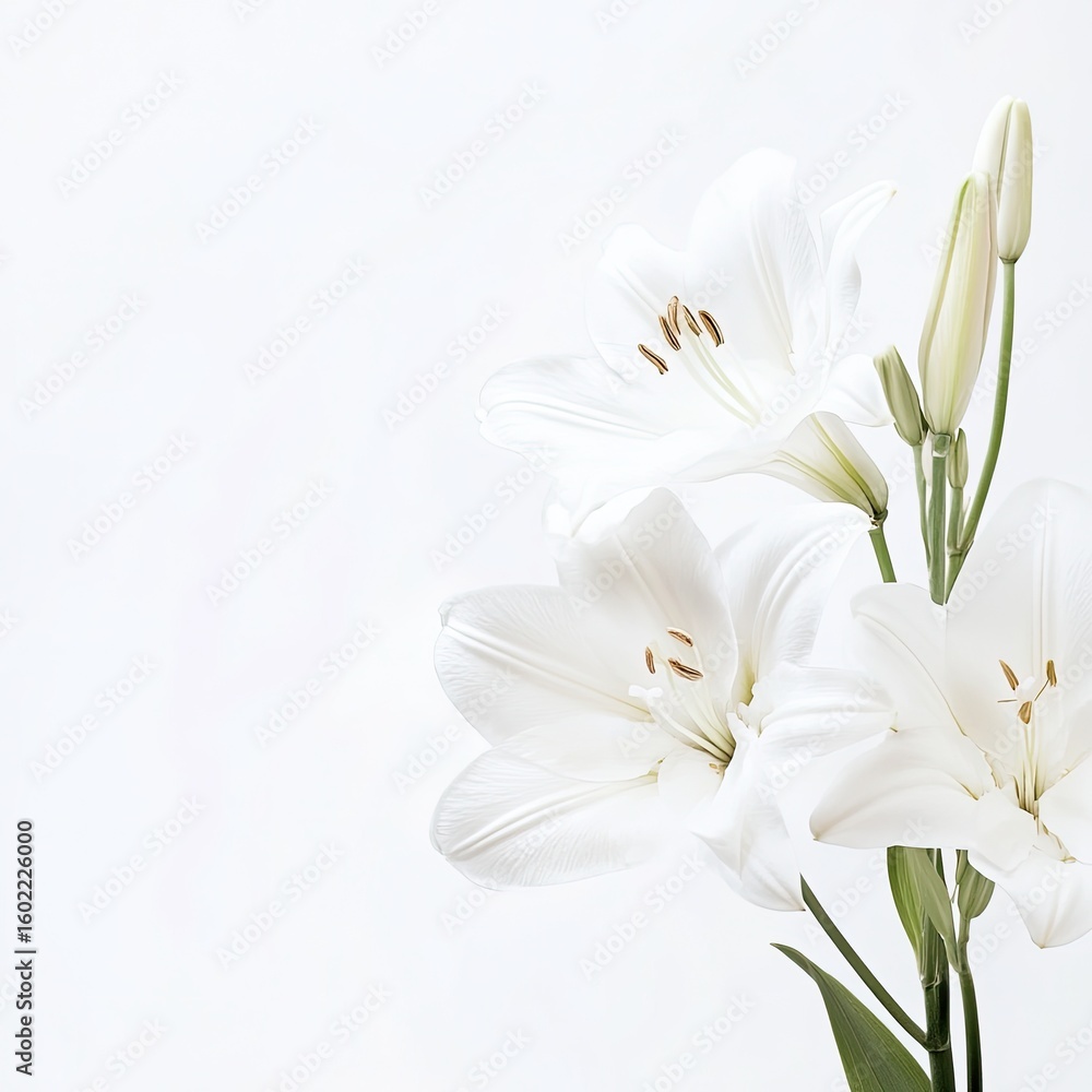 Elegant white lilies against a soft white background Elegant white lilies against a soft white background