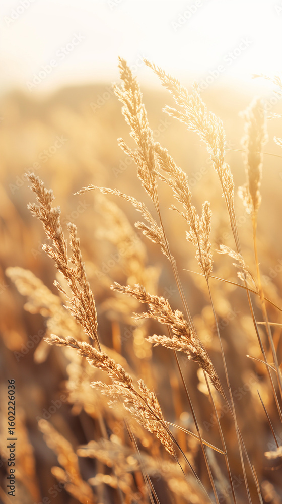 Fototapeta premium Golden Hour Grass: Warm, Serene, Autumnal Field, Backlit Meadow Plants, Natural Texture