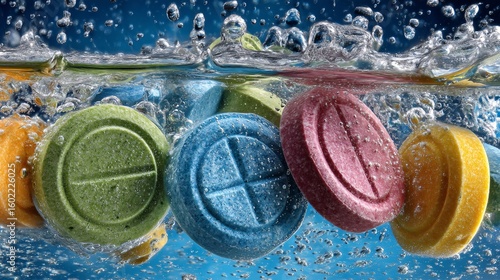 Colorful Effervescent Tablets Dispersing in Water with Bubbles