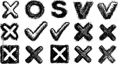 Check marks doodle set. Vote, yes, no, checkbox, checklist, tick and cross signs, v and x drawn concept. Hand drawn doodle sketch style vector illustration