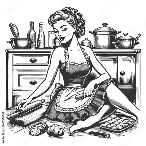 woman sitting on the kitchen floor with a rolling pin, surrounded by baking tools and pastries sketch engraving generative ai fictional character vector illustration. Scratch board. Black and white.