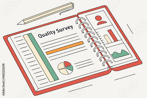 Quality survey document featuring charts and graphs on an open notebook with a pen nearby