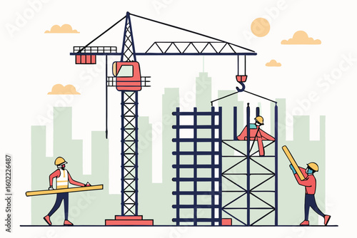 Construction workers collaborating on a project, showcasing teamwork and machinery in an urban setting during daylight hours
