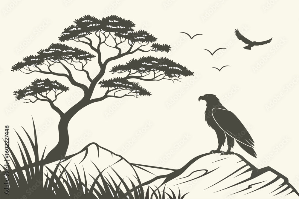 Fototapeta premium Majestic eagle perched on a rocky cliff with a backdrop of soaring birds and a stylized tree under a serene sky