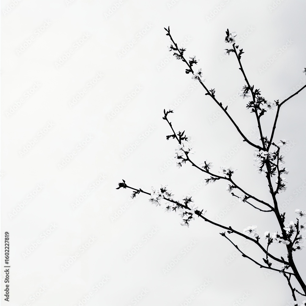 Delicate branch with sparse blossoms against a pale sky Delicate branch with sparse blossoms against a pale sky