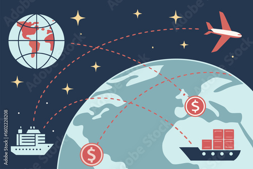 Global trade routes connecting planes, ships, and currencies in a colorful illustration of international commerce over the Earth