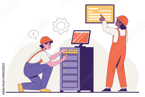 Technicians working on computer hardware in a modern workspace during daytime