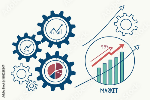 Growth of market trends represented through gears and charts showing upward trajectory in performance metrics and statistical analysis in a modern design