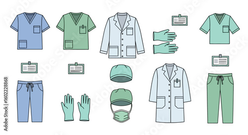 An illustrated collection of medical uniforms and protective gear, including scrubs, lab coats, gloves, and surgical masks.