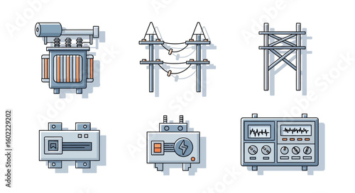 Modern Electrical Equipment Vector Icon Set with Transformer Power Line and Generator Graphics