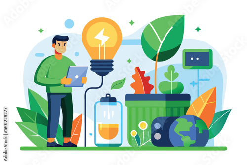 Young man using a tablet to explore sustainable energy concepts surrounded by plants and eco-friendly elements in a colorful illustration