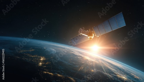 Fototapeta Naklejka Na Ścianę i Meble -  Satellite orbiting Earth, sunrise (1)