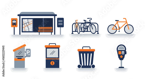 Urban Public Transportation Vector Icon Set with Bus Stop Bicycle and Parking Meter in a Flat Design Style