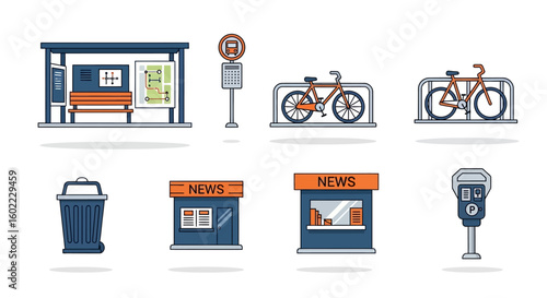 Modern City Life Icon Set Vector with Urban Transportation and Street Elements