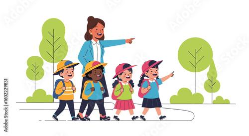 Cartoon Vector Illustration of a Teacher and Students on a School Field Trip