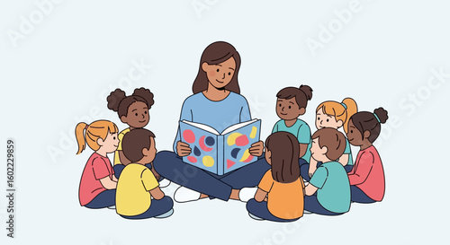 Story Time Vector Illustration of a Teacher Reading to Diverse Children