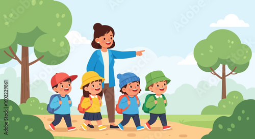 Cartoon Vector Illustration of Teacher and Students on a Nature Walk