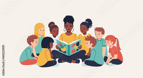 Illustration Vector of a Teacher Reading to Diverse Children During Story Time
