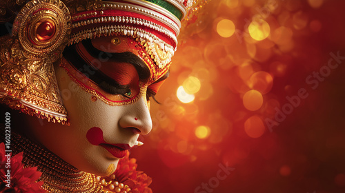 Modern Onam banner, Kathakali dancer face close-up with dramatic makeup and crown, glowing red-to-gold gradient background