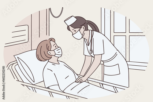 Healthcare professional caring for a patient in a hospital room during daytime, showcasing compassion and attention to medical needs