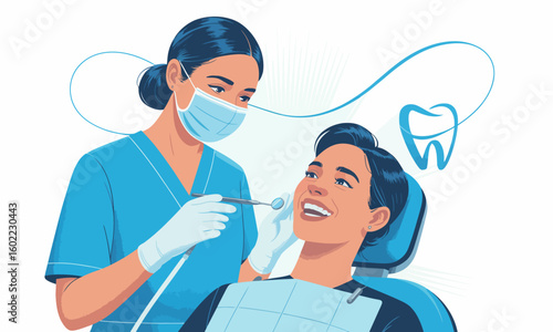 Dental Checkup Vector Illustration with a Dentist Treating a Smiling Patient in a Clinic