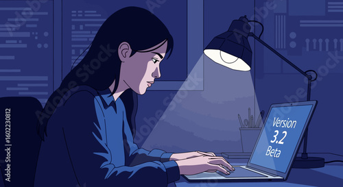 A focused female developer works late at night, typing on a laptop illuminated by a desk lamp while testing a beta version of software.
