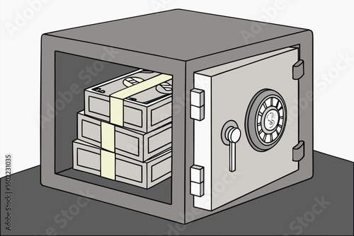 Safe containing stacks of currency bills secured inside a grey vault, showcasing a strongbox for financial protection in a controlled environment