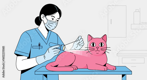 Modern Vector Illustration of a Veterinarian Examining a Cat in an Animal Clinic