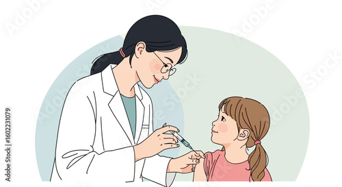 A female doctor with glasses gently administers a vaccine injection into the arm of a young girl.