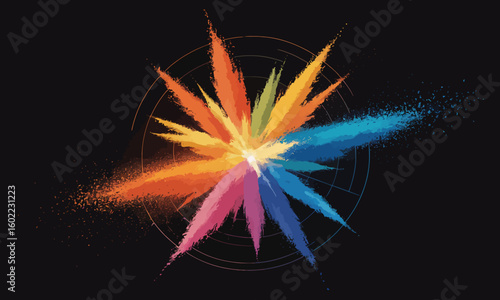 An abstract starburst of vibrant, multicolored powder exploding from the center on a black background.
