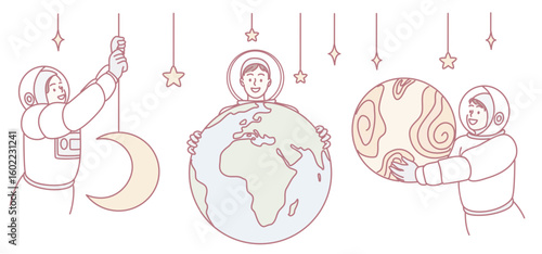 A captivating illustration of astronauts joyfully holding the moon, Earth, and a colorful planet in a starry sky