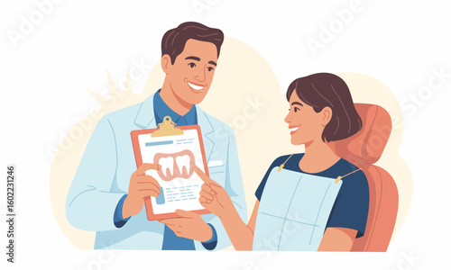 Friendly Dentist Consultation Vector Illustration with Patient at Clinic Checkup