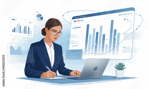 A professional businesswoman in a suit analyzes financial data charts on a laptop and writes notes at her desk.